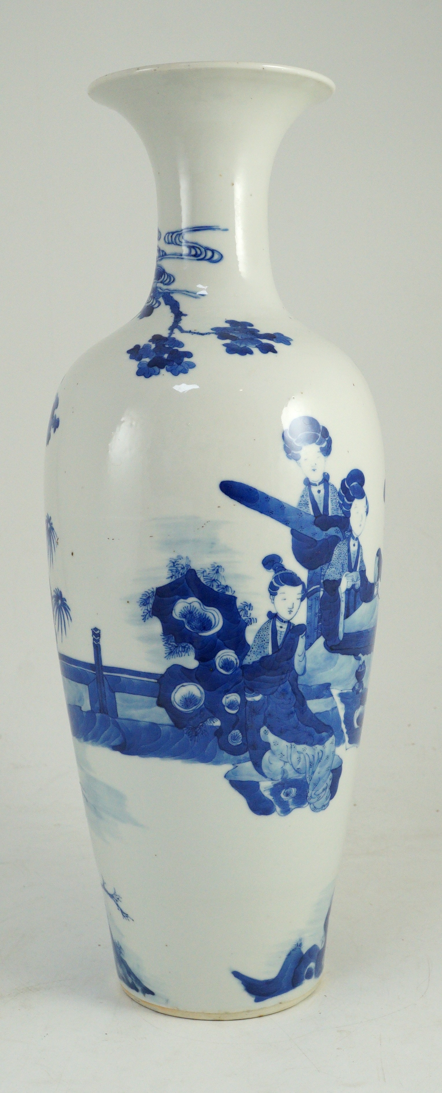 A tall Chinese blue and white ladies vase, laifu zun, 19th century, 44.5cm high, neck restored